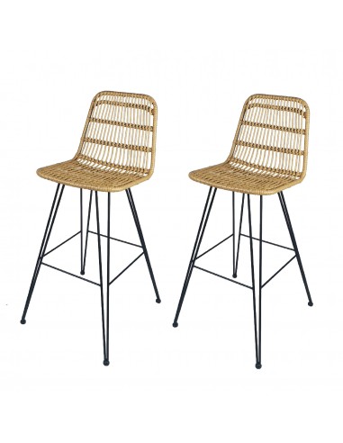 Lot de 2 tabouret de bar style nature aspect rotin en résine tressée et pieds en métal noir - Hauteur 72cm les muscles